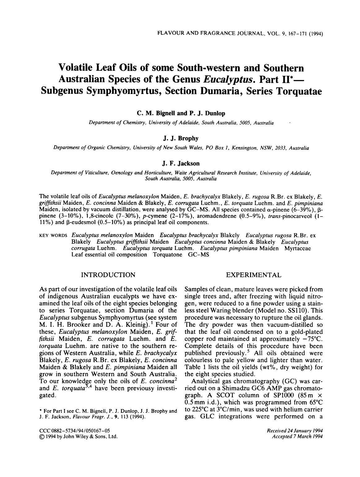 Volatile leaf oils of some south-western and southern australian species of the genus eucalyptus. Part II-Subgenus symphyomyrtus, section dumaria, series torquatae by Unknown