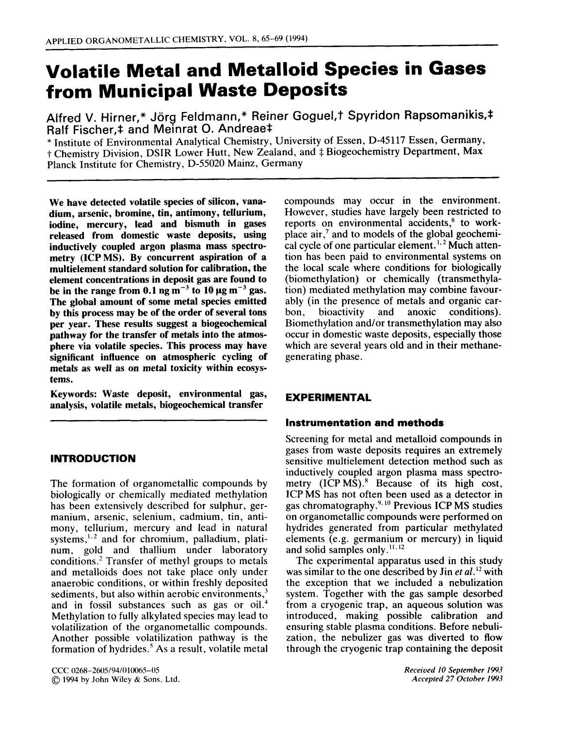 Volatile metal and metalloid species in gases from municipal waste deposits by Unknown
