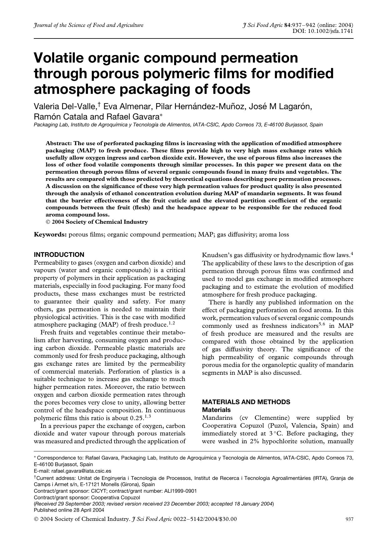 Volatile organic compound permeation through porous polymeric films for modified atmosphere packaging of foods by Unknown