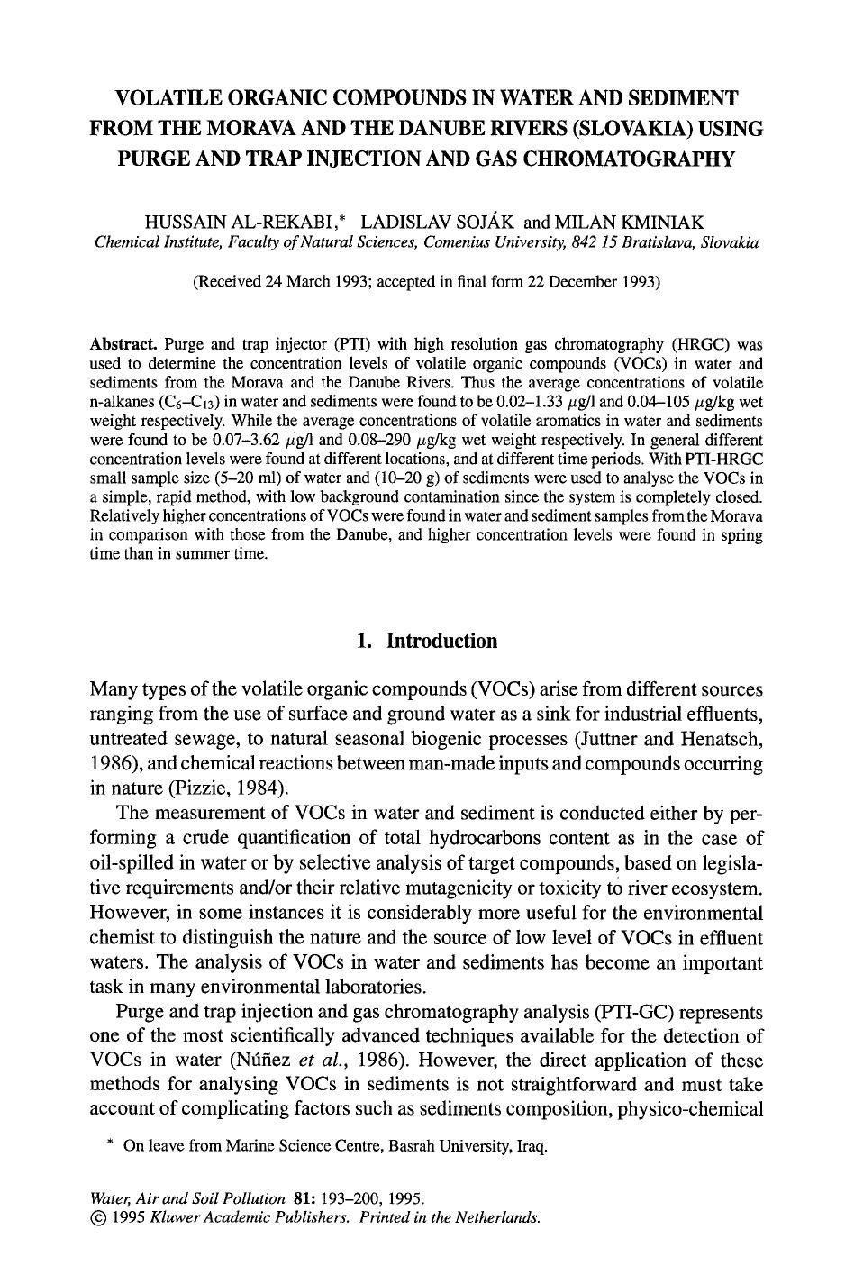 Volatile organic compounds in water and sediment from the Morava and the Danube Rivers (Slovakia) using purge and trap injection and gas chromatography by Unknown