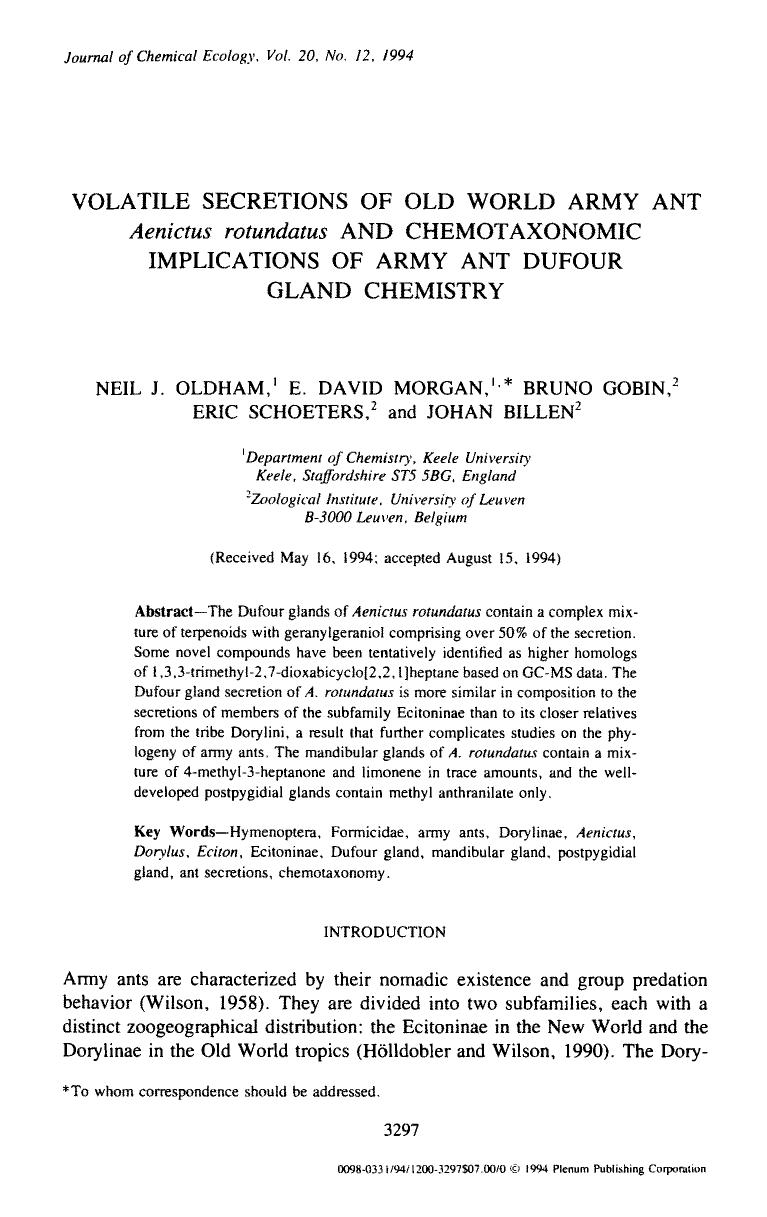 Volatile secretions of old world army ant <Emphasis Type="Italic">Aenictus rotundatus <Emphasis> and chemotaxonomic implications of army ant dufour gland chemistry by Unknown