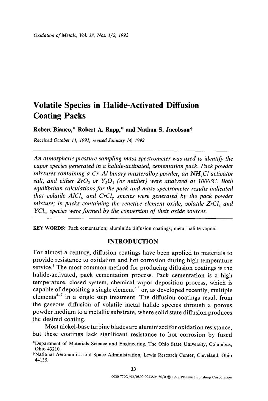 Volatile species in halide-activated diffusion coating packs by Unknown