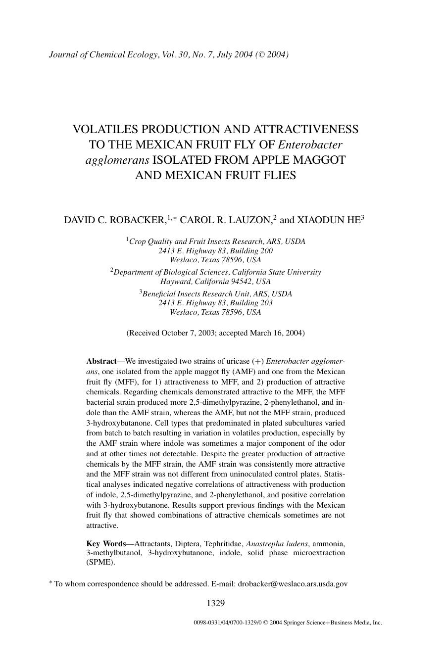 Volatiles Production and Attractiveness to the Mexican Fruit Fly of <Emphasis Type="Italic">Enterobacter agglomerans<Emphasis> Isolated from Apple Maggot and Mexican Fruit Flies by Unknown