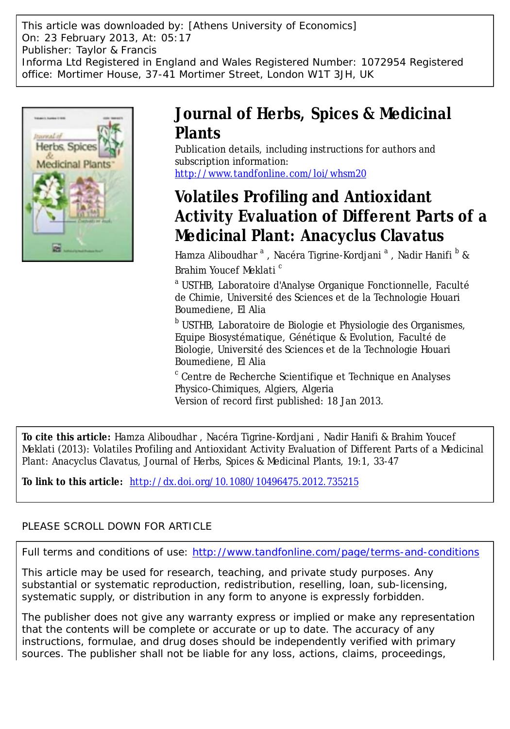 Volatiles Profiling and Antioxidant Activity Evaluation of Different Parts of a Medicinal Plant: Anacyclus Clavatus by Hamza Aliboudhar Nacéra Tigrine-Kordjani Nadir Hanifi & Brahim Youcef Meklati