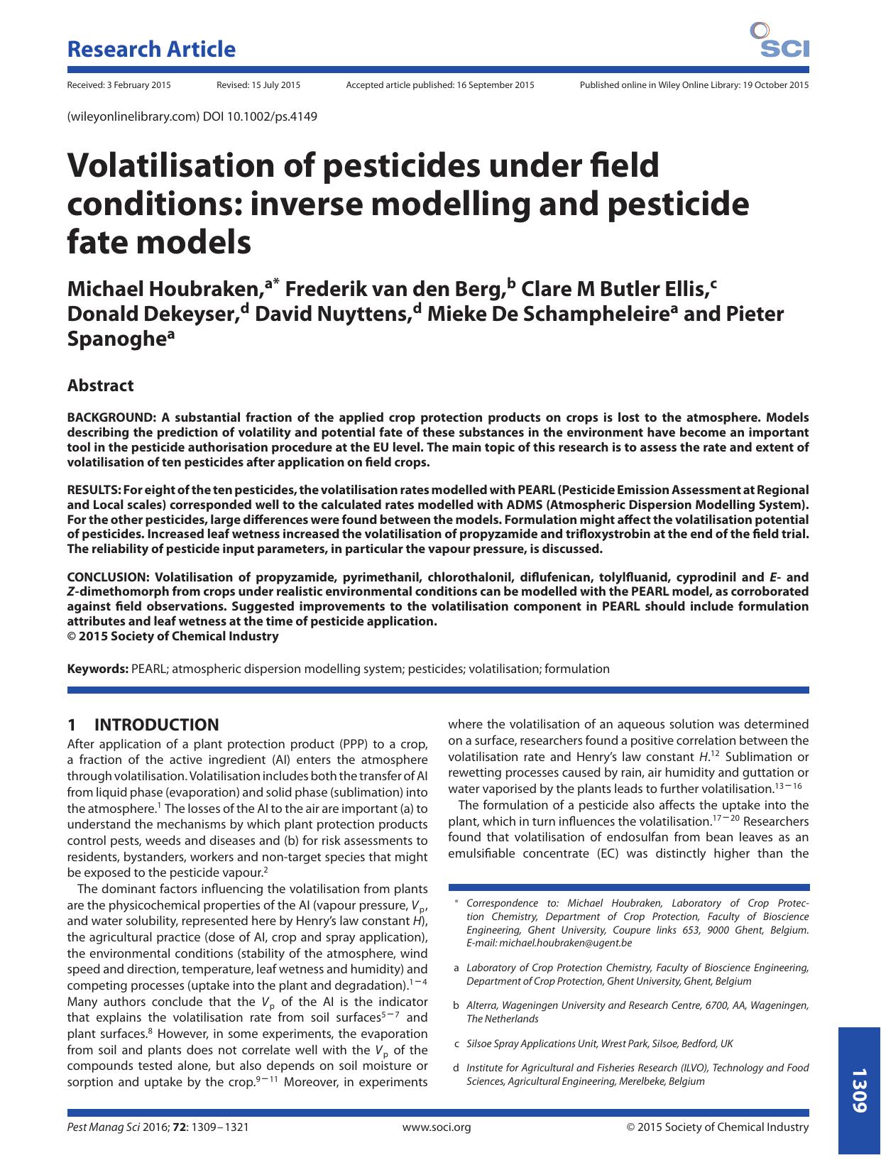 Volatilisation of pesticides under field conditions: inverse modelling and pesticide fate models by Unknown