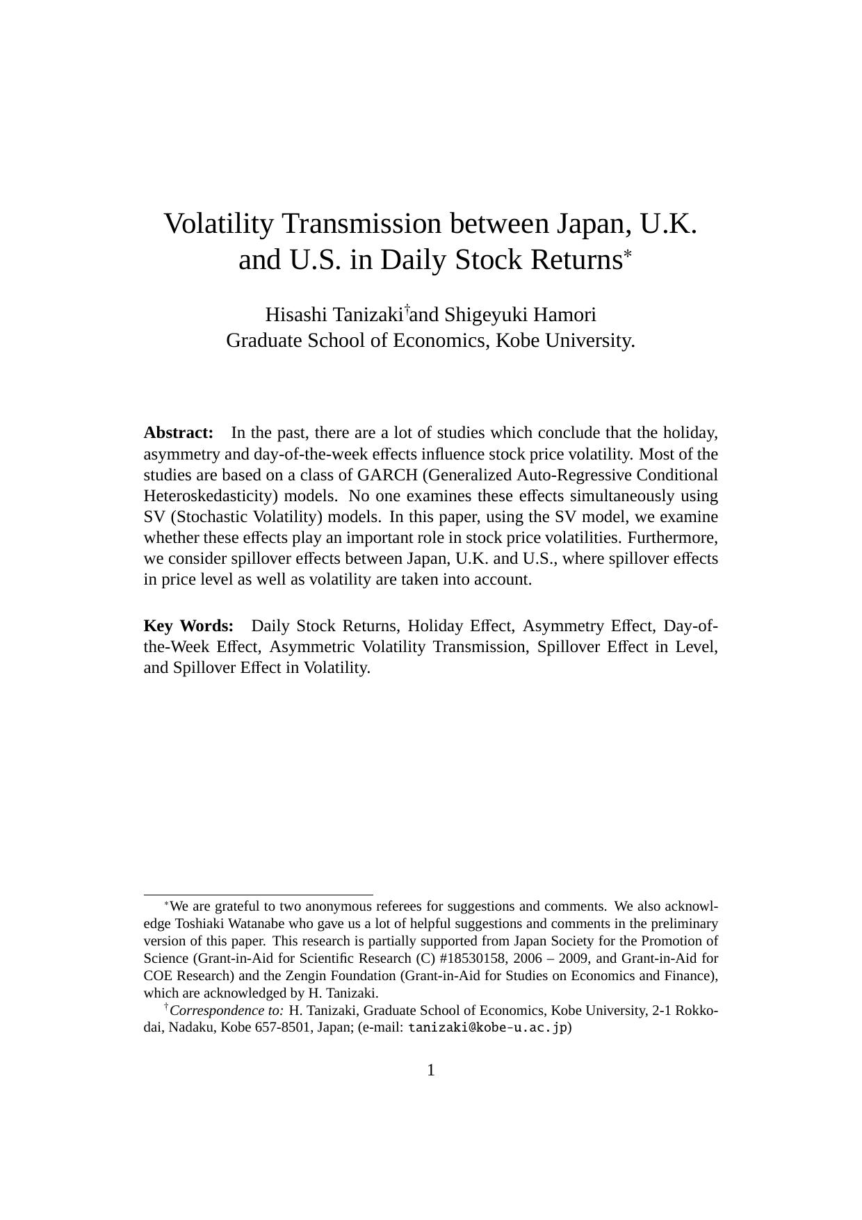 Volatility Transmission between Japan, U.K. and U.S. in Daily Stokc Returns by Tanizaki H. Hamori S