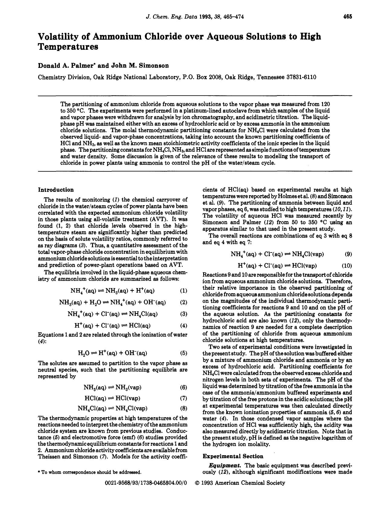 Volatility of ammonium chloride over aqueous solutions to high temperatures by Donald A. Palmer John M. Simonson