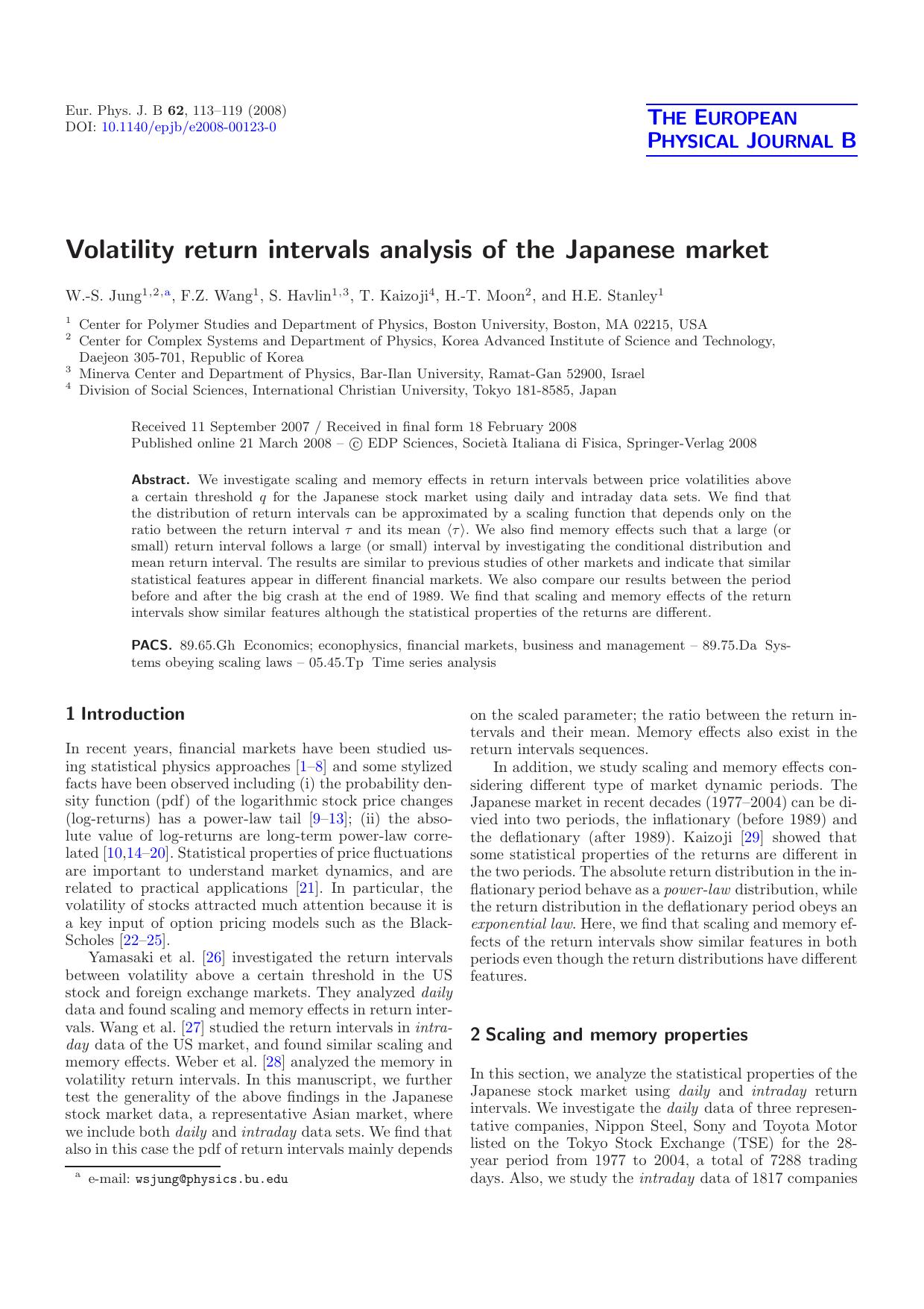 Volatility return intervals analysis of the Japanese market by W.-S. Jung F.Z. Wang S. Havlin T. Kaizoji H.-T. Moon H.E. Stanley