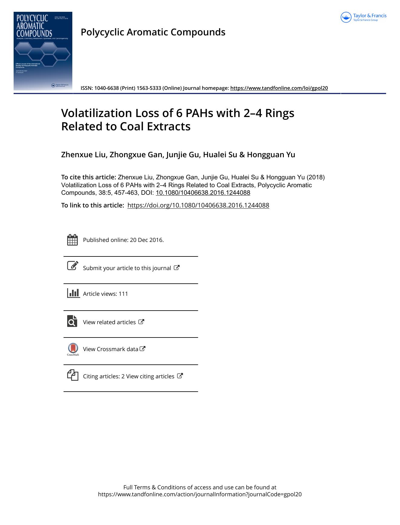 Volatilization Loss of 6 PAHs with 2--4 Rings Related to Coal Extracts by Zhenxue Liu & Zhongxue Gan & Junjie Gu & Hualei Su & Hongguan Yu