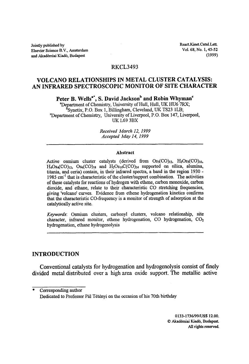 Volcano relationships in metal cluster catalysis: An infrared spectroscopic monitor of site character by Unknown