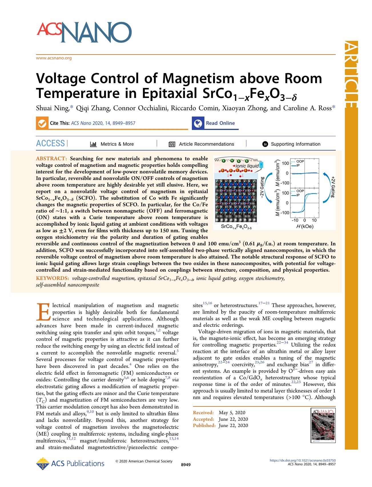 Voltage Control of Magnetism above Room Temperature in Epitaxial SrCo1âxFexO3âÎ´ by Shuai Ning Qiqi Zhang Connor Occhialini Riccardo Comin Xiaoyan Zhong and Caroline A. Ross