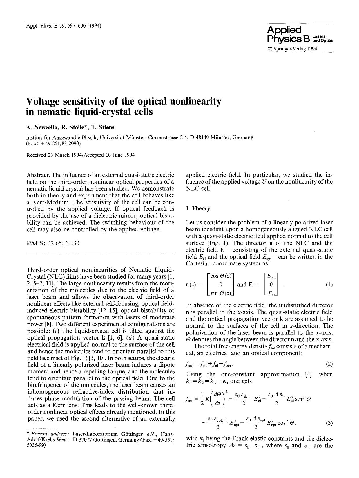 Voltage sensitivity of the optical nonlinearity in nematic liquid-crystal cells by Unknown
