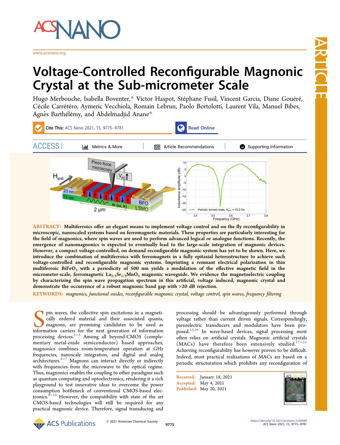 Voltage-Controlled Reconfigurable Magnonic Crystal at the Sub-micrometer Scale by unknow