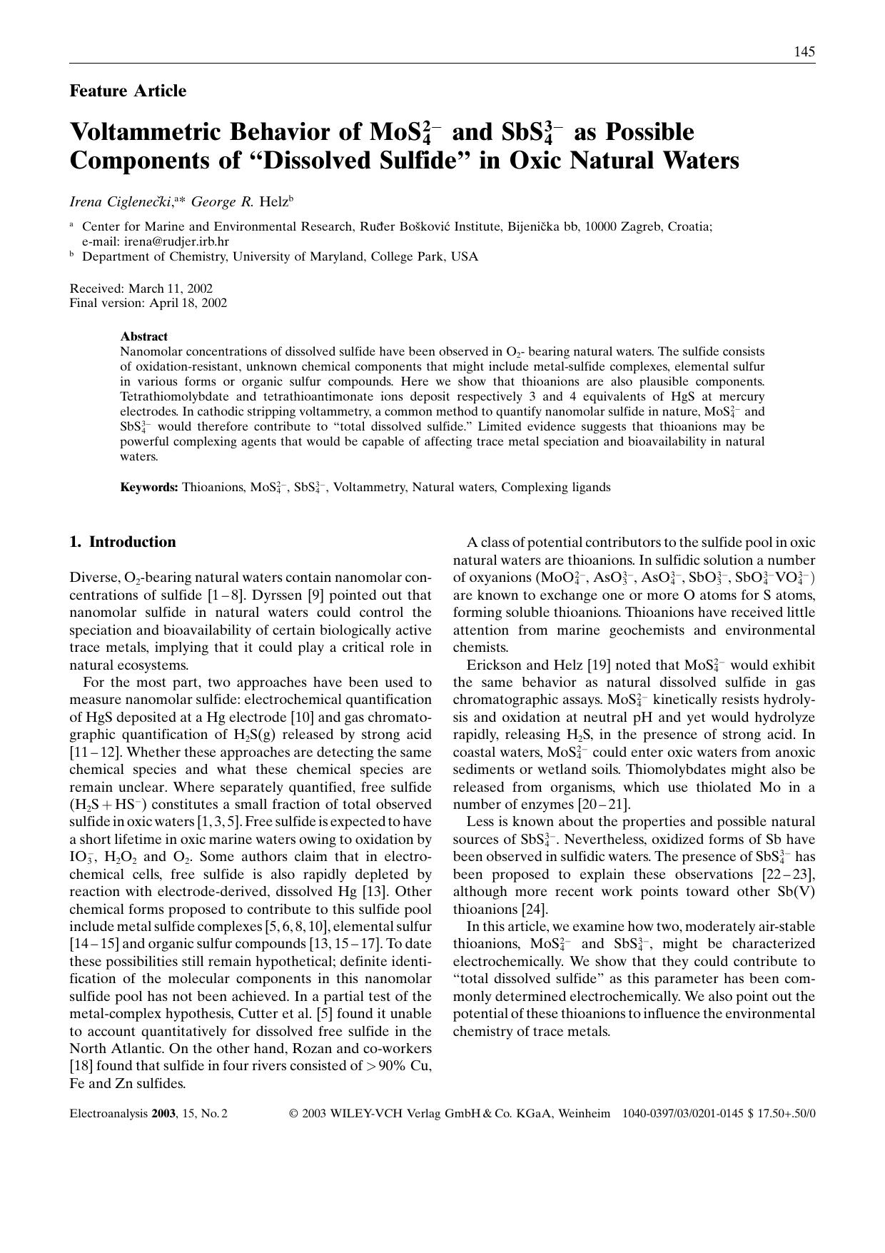 Voltammetric Behavior of MoS[text removed] and SbS[text removed] as Possible Components of "Dissolved Sulfide" in Oxic Natural Waters by Unknown