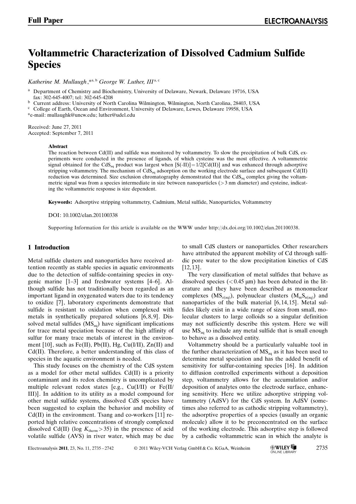 Voltammetric Characterization of Dissolved Cadmium Sulfide Species by Unknown