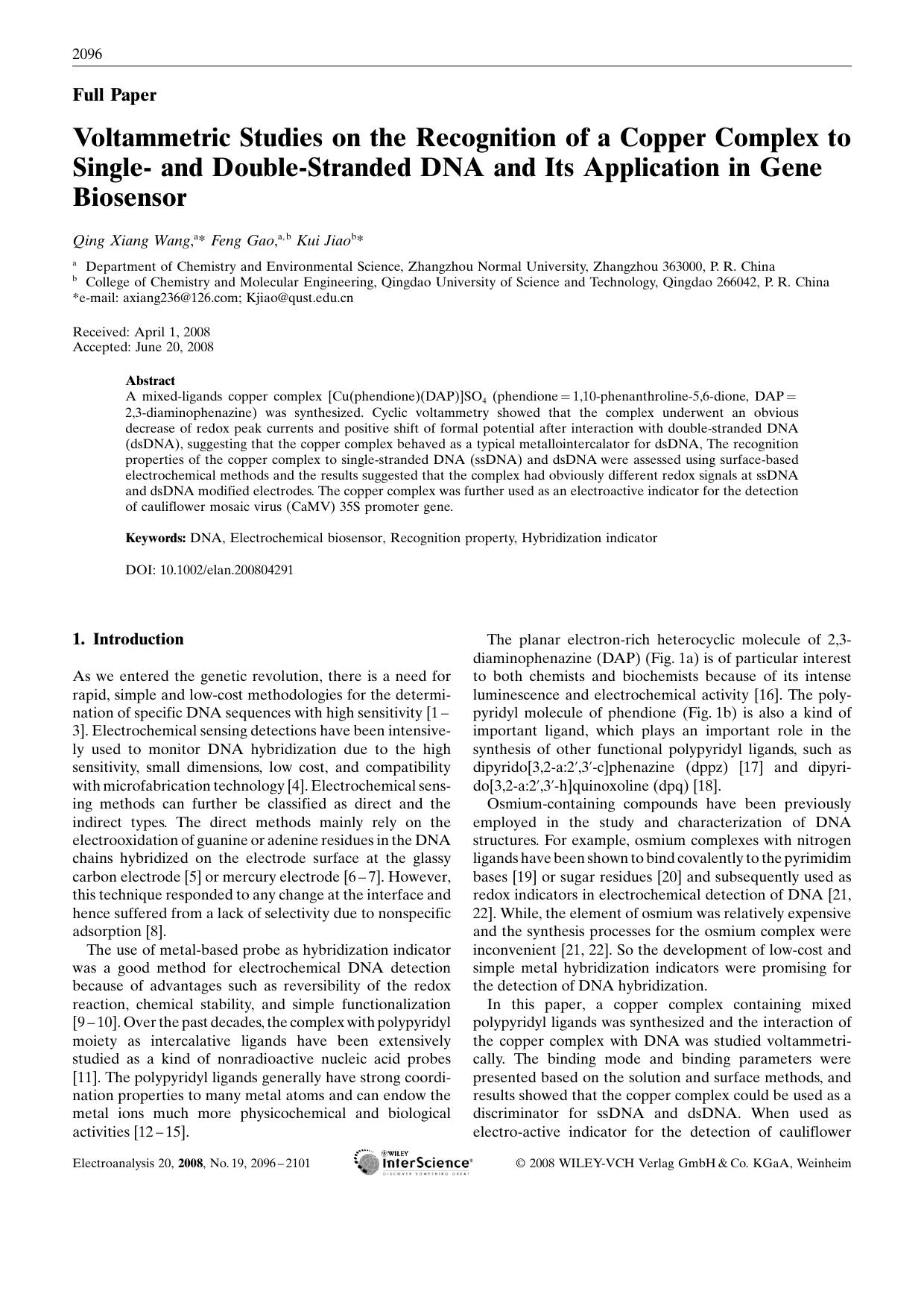 Voltammetric Studies on the Recognition of a Copper Complex to Single- and Double-Stranded DNA and Its Application in Gene Biosensor by Unknown