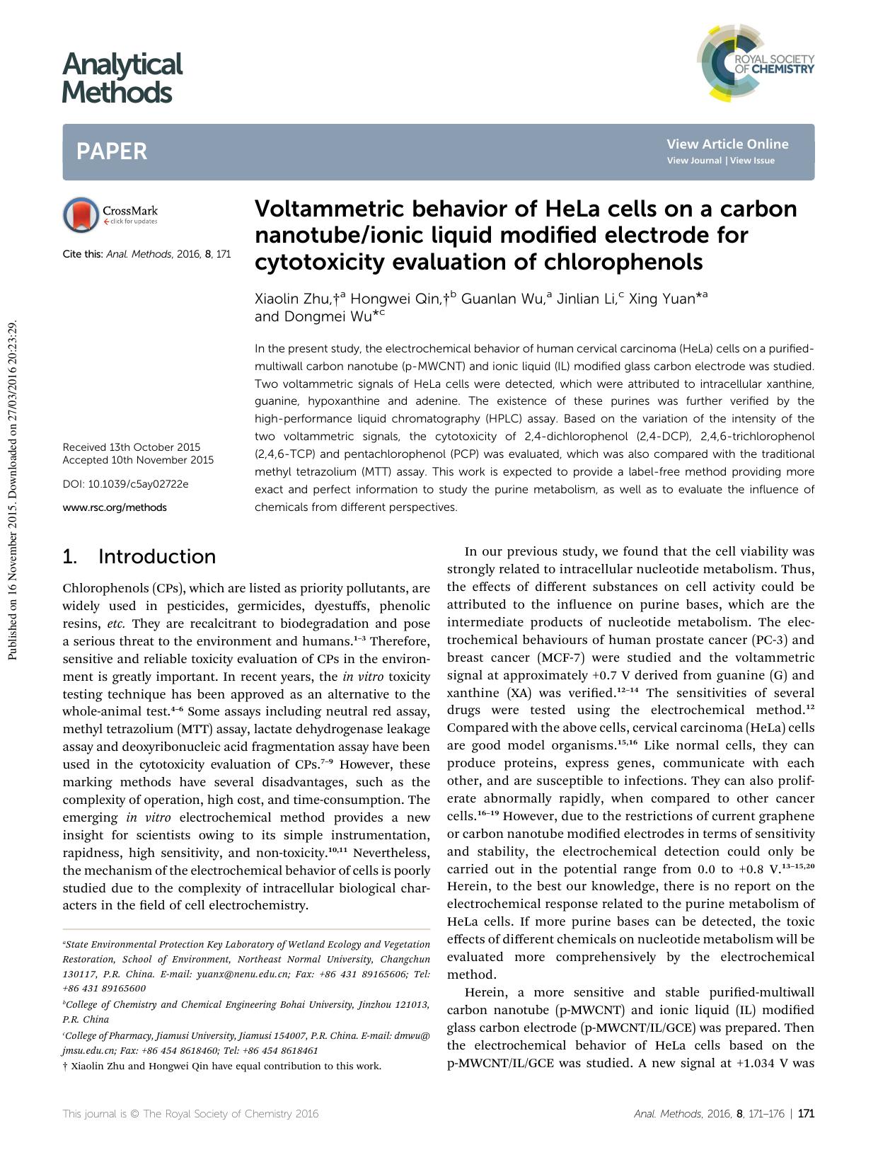 Voltammetric behavior of HeLa cells on a carbon nanotubeionic liquid modified electrode for cytotoxicity evaluation of chlorophenols by Xiaolin Zhu & Hongwei Qin & Guanlan Wu & Jinlian Li & Xing Yuan & Dongmei Wu