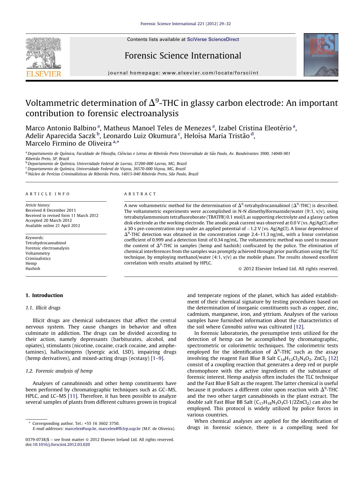 Voltammetric determination of Î9-THC in glassy carbon electrode: An important contribution to forensic electroanalysis by unknow