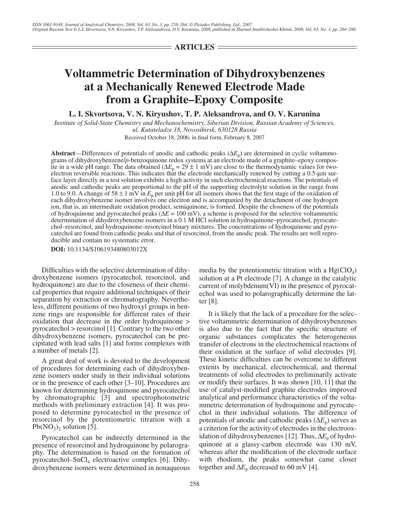 Voltammetric determination of dihydroxybenzenes at a mechanically renewed electrode made from a graphite-epoxy composite by Unknown