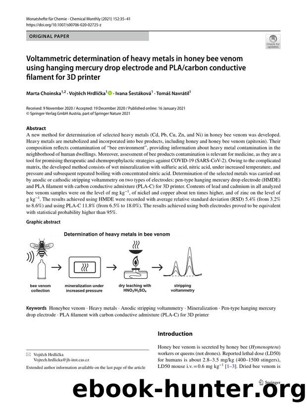 Voltammetric determination of heavy metals in honey bee venom using hanging mercury drop electrode and PLAcarbon conductive filament for 3D printer by Marta Choinska & Vojtěch Hrdlička & Ivana Šestáková & Tomáš Navrátil