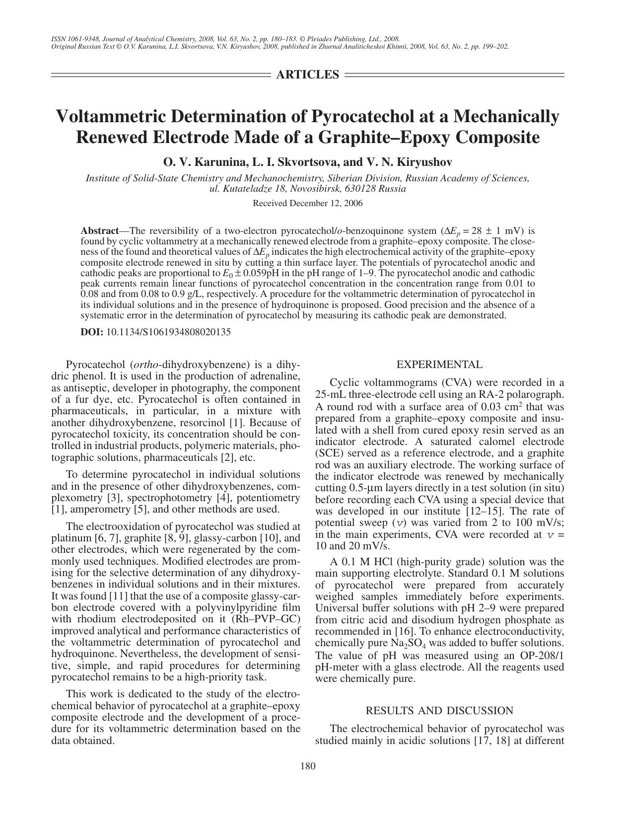 Voltammetric determination of pyrocatechol at a mechanically renewed electrode made of a graphite-epoxy composite by Unknown