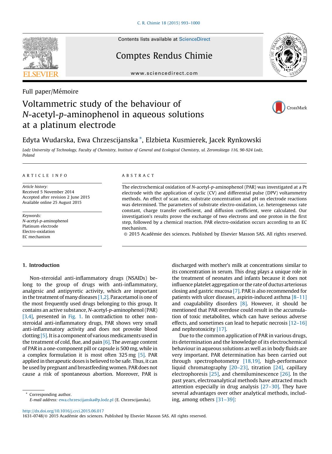 Voltammetric study of the behaviour of N-acetyl-p-aminophenol in aqueous solutions at a platinum electrode by Edyta Wudarska & Ewa Chrzescijanska & Elzbieta Kusmierek & Jacek Rynkowski