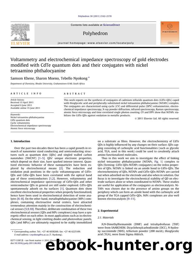 Voltammetry and electrochemical impedance spectroscopy of gold electrodes modified with CdTe quantum dots and their conjugates with nickel tetraamino phthalocyanine by Samson Khene & Sharon Moeno & Tebello Nyokong