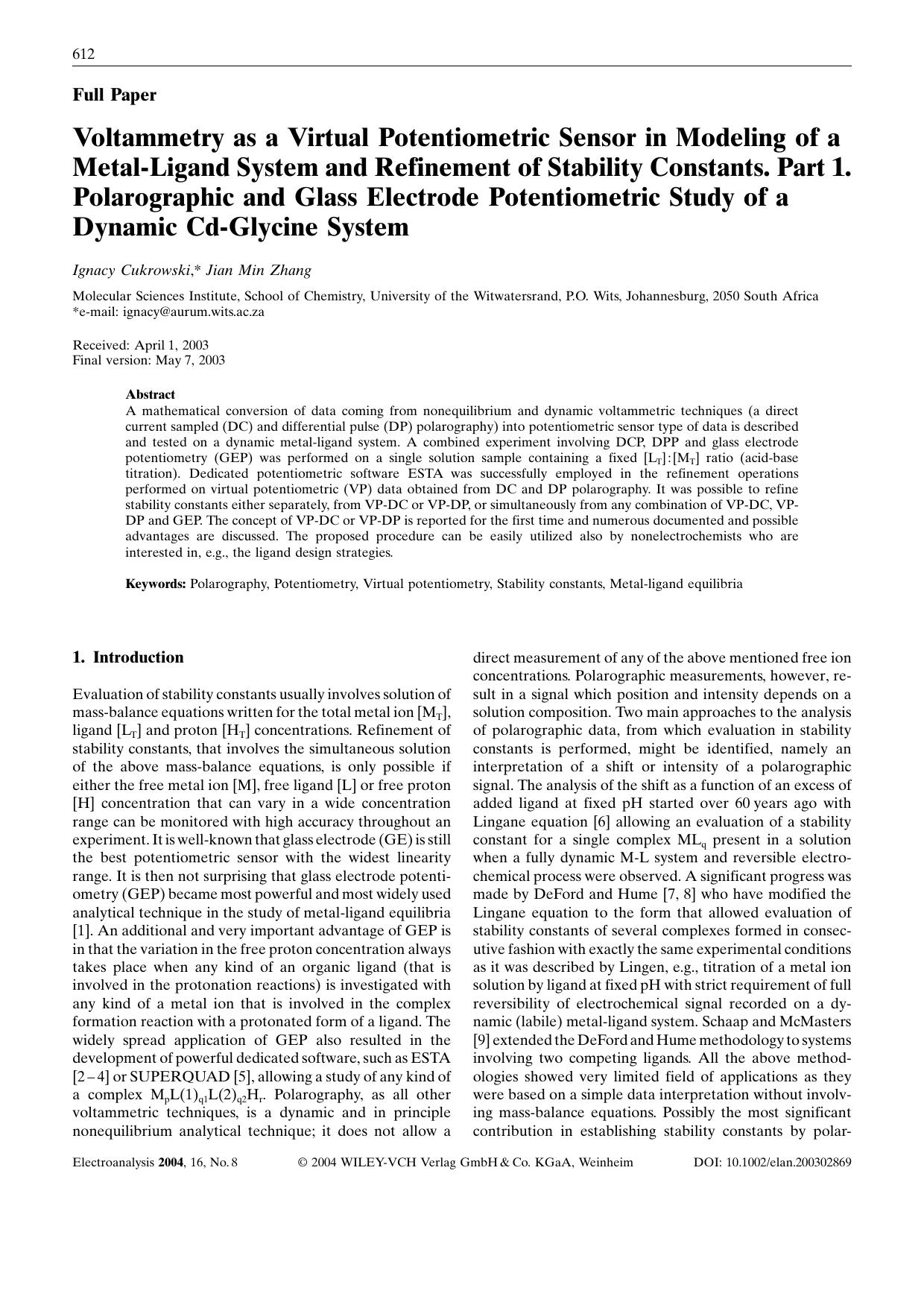Voltammetry as a Virtual Potentiometric Sensor in Modeling of a Metal-Ligand System and Refinement of Stability Constants. Part 1. Polarographic and Glass Electrode Potentiometric by Unknown