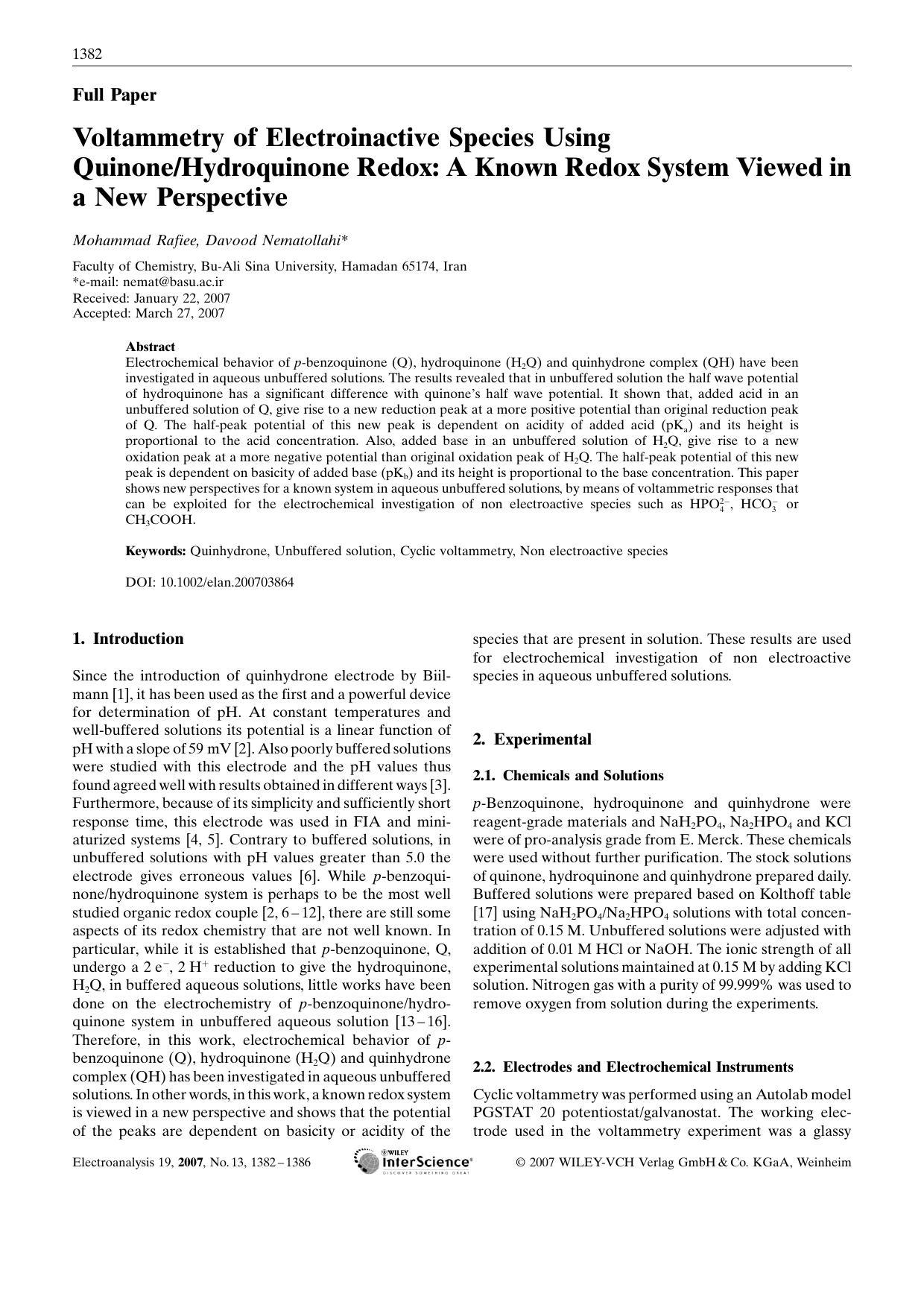 Voltammetry of Electroinactive Species Using QuinoneHydroquinone Redox: A Known Redox System Viewed in a New Perspective by Unknown