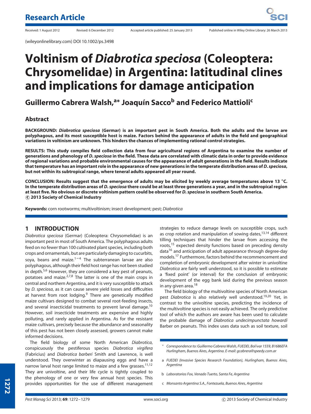 Voltinism of Diabrotica speciosa (Coleoptera: Chrysomelidae) in Argentina: latitudinal clines and implications for damage anticipation by Unknown