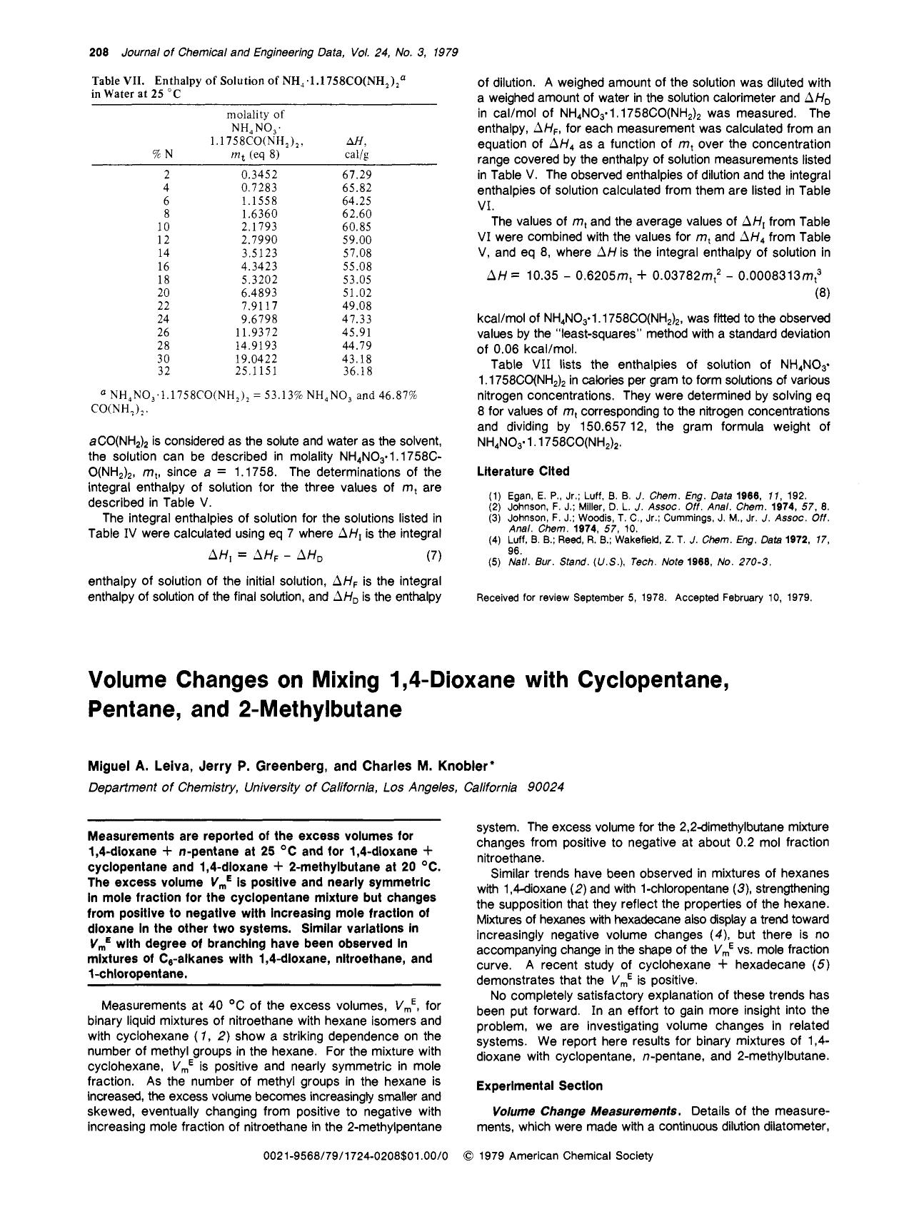 Volume changes on mixing 1,4-dioxane with cyclopentane, pentane, and 2-methylbutane by Miguel A. Leiva Jerry P. Greenberg Charles M. Knobler