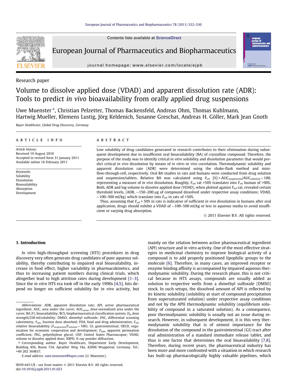 Volume to dissolve applied dose (VDAD) and apparent dissolution rate (ADR): Tools to predict in vivo bioavailability from orally applied drug suspensions by unknow