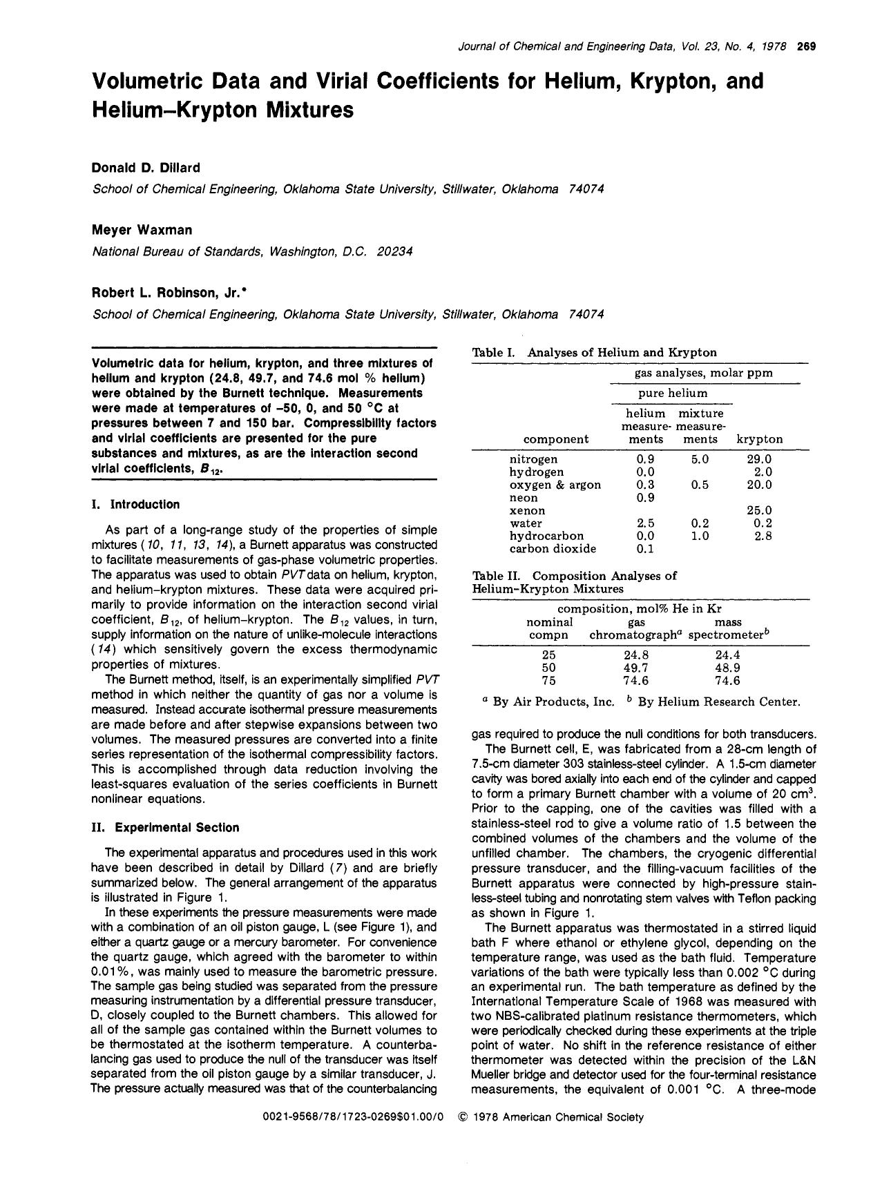 Volumetric data and virial coefficients for helium, krypton, and helium-krypton mixtures by Donald D. Dillard Meyer Waxman Robert L. Robinson Jr