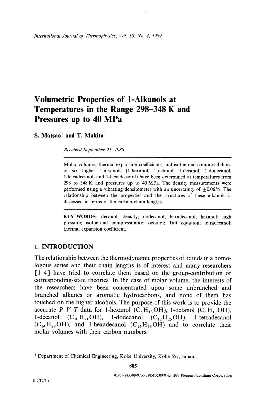 Volumetric properties of 1-alkanols at temperatures in the range 298&#x2013;348 K and pressures up to 40 MPa by Unknown