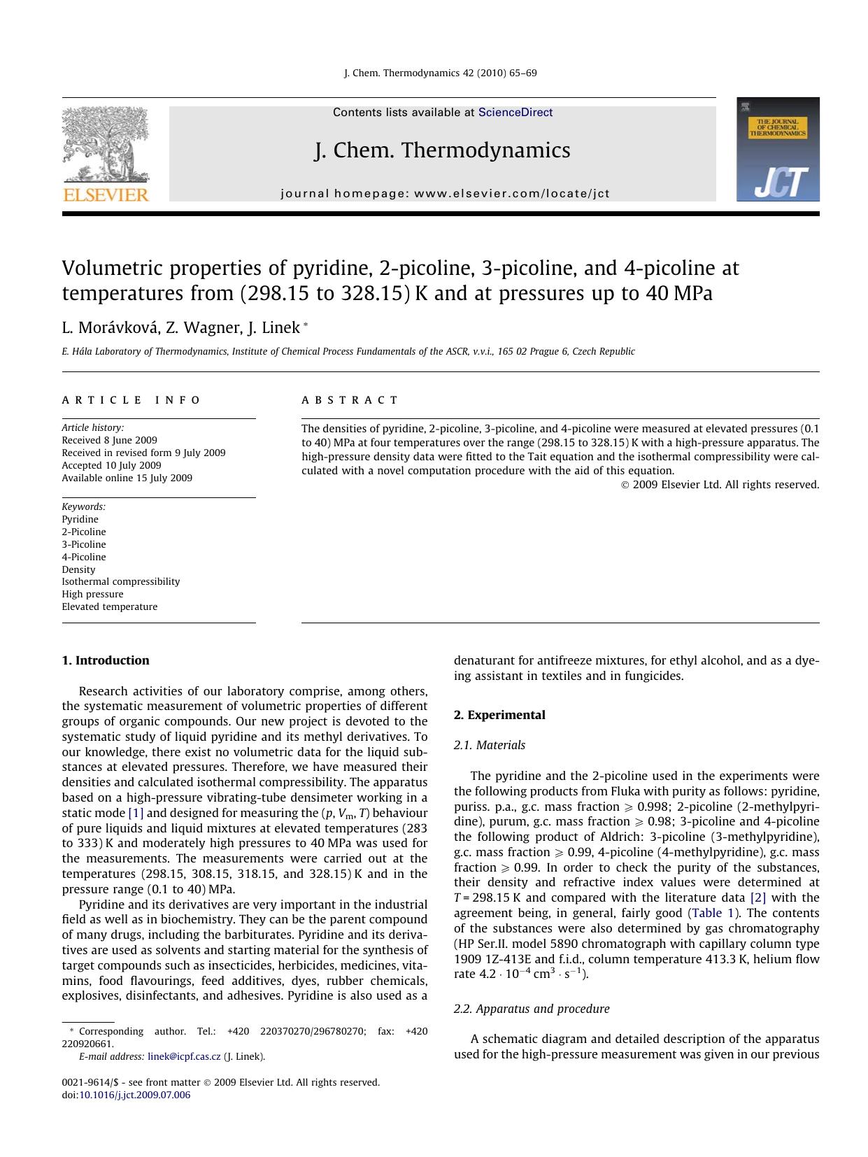 Volumetric properties of pyridine, 2-picoline, 3-picoline, and 4-picoline at temperatures from (298.15 to 328.15)K and at pressures up to 40MPa by L. Morávková; Z. Wagner; J. Linek