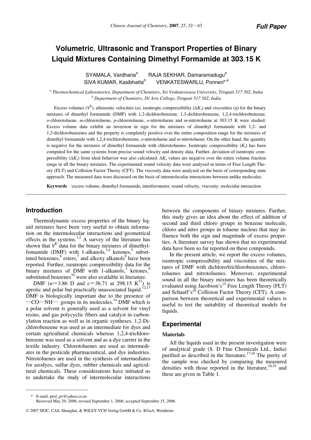 Volumetric, Ultrasonic and Transport Properties of Binary Liquid Mixtures Containing Dimethyl Formamide at 303.15 K by zhaoxiaojuan