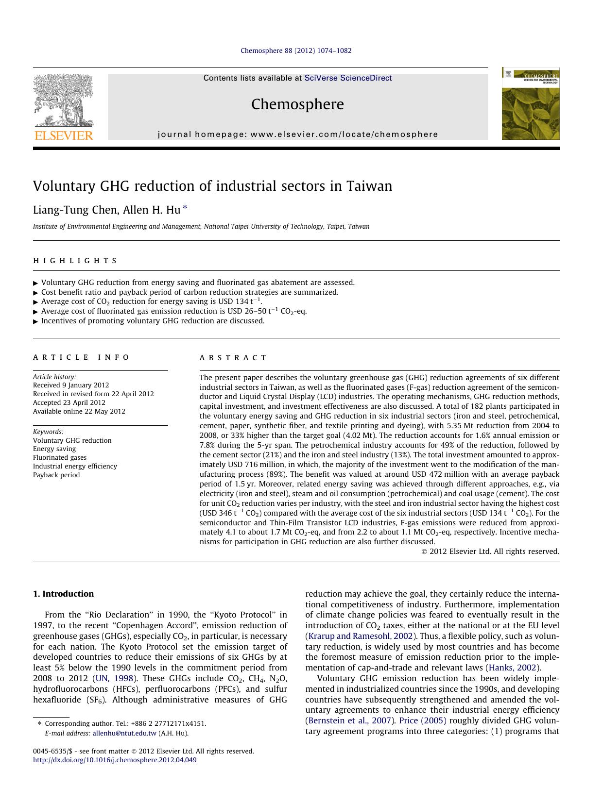 Voluntary GHG reduction of industrial sectors in Taiwan by Liang-Tung Chen & Allen H. Hu