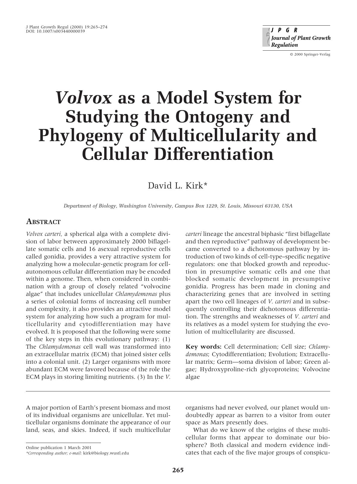 Volvox as a Model System for Studying the Ontogeny and Phylogeny of Multicellularity and Cellular Differentiation by Kirk D
