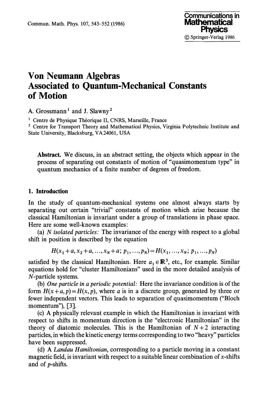 Von Neumann algebras associated to quantum-mechanical constants of motion by Unknown