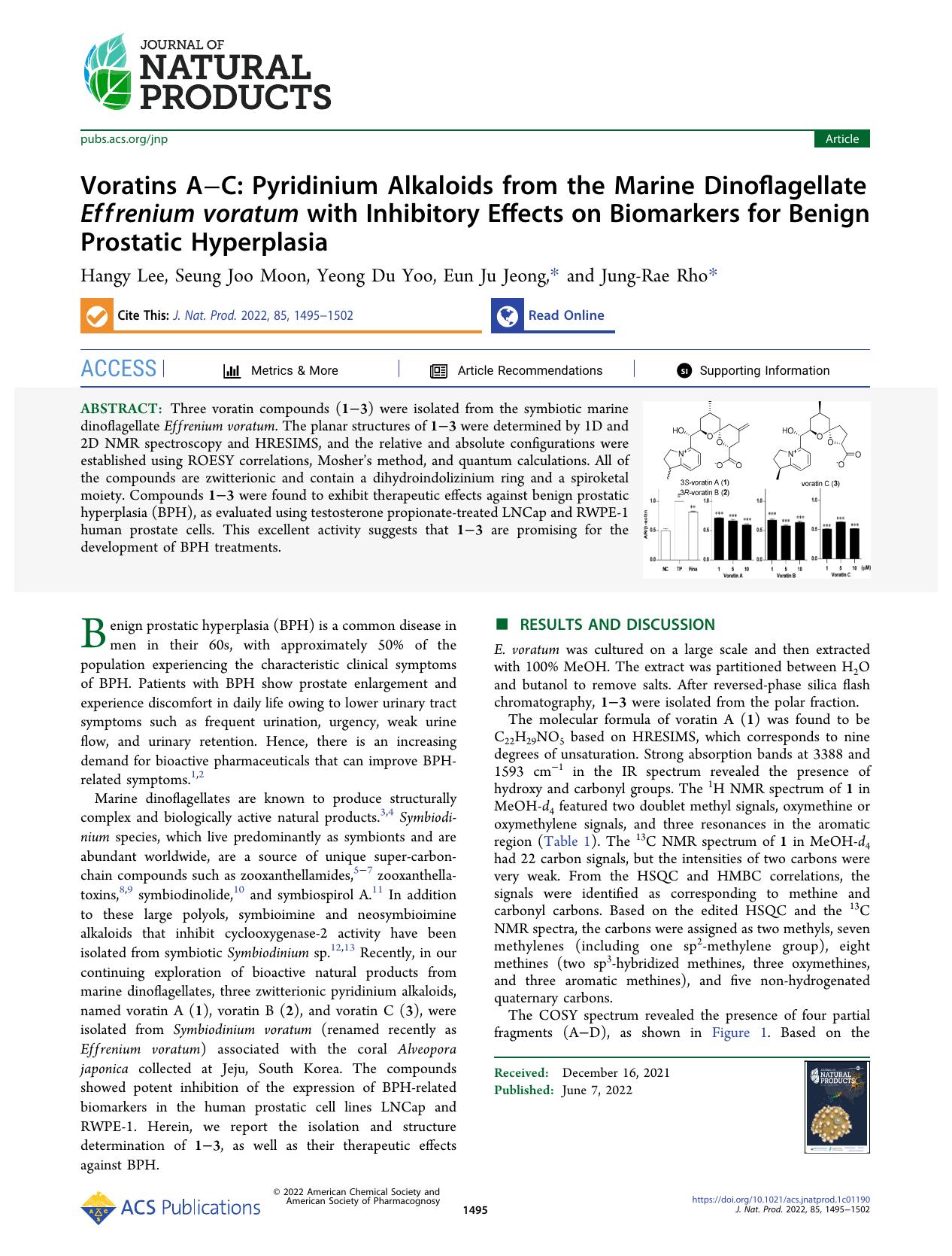 Voratins AâC: Pyridinium Alkaloids from the Marine Dinoflagellate Effrenium voratum with Inhibitory Effects on Biomarkers for Benign Prostatic Hyperplasia by Hangy Lee Seung Joo Moon Yeong Du Yoo Eun Ju Jeong and Jung-Rae Rho