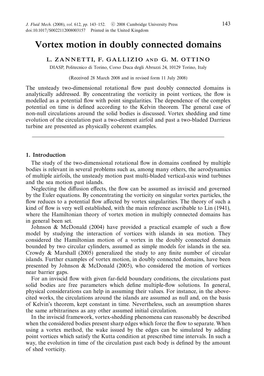 Vortex motion in doubly connected domains by L. ZANNETTI F. GALLIZIO G. M. OTTINO