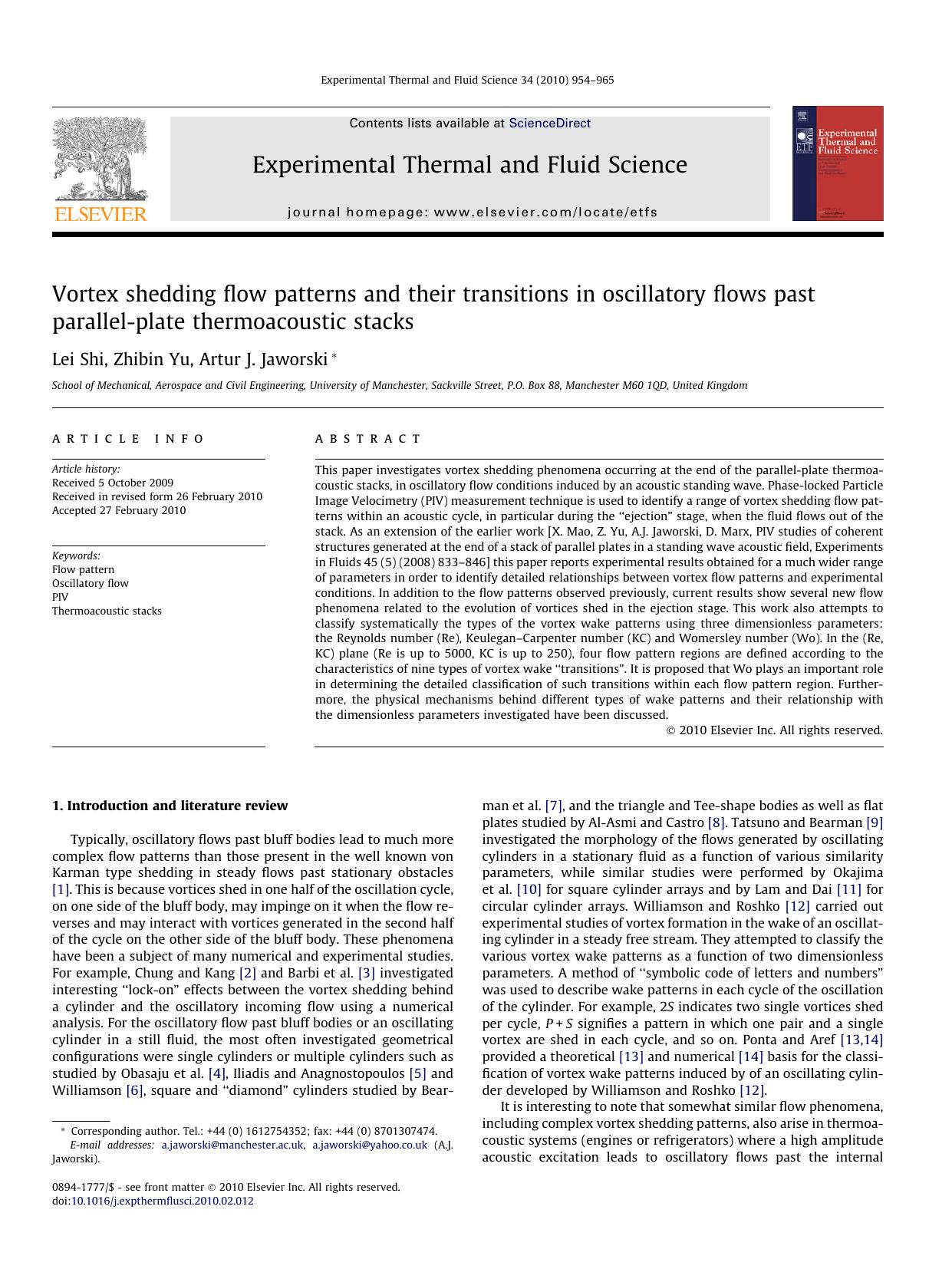 Vortex shedding flow patterns and their transitions in oscillatory flows past parallel-plate thermoacoustic stacks by Lei Shi; Zhibin Yu; Artur J. Jaworski