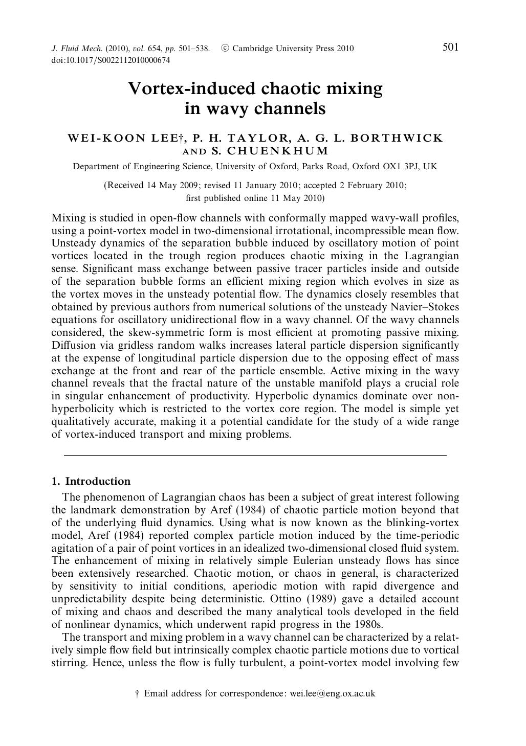 Vortex-induced chaotic mixing in wavy channels by WEI-KOON LEE P. H. TAYLOR A. G. L. BORTHWICK S. CHUENKHUM