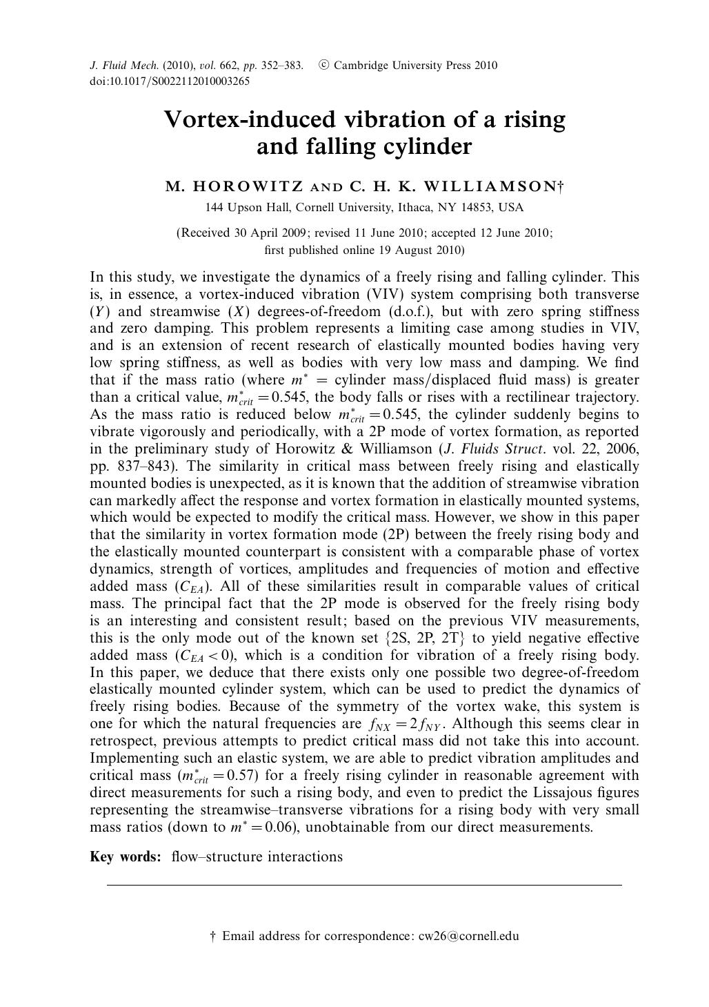 Vortex-induced vibration of a rising and falling cylinder by M. HOROWITZ C. H. K. WILLIAMSON