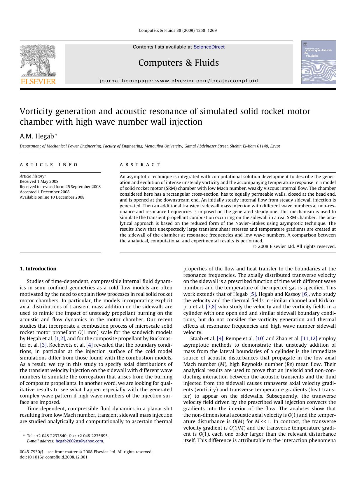 Vorticity generation and acoustic resonance of simulated solid rocket motor chamber with high wave number wall injection by A.M. Hegab