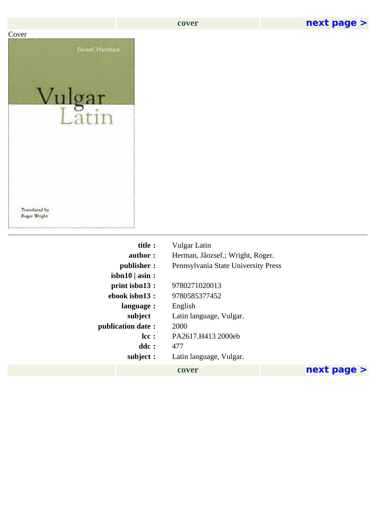 Vulgar Latin by Jozsef Herman Roger Wright
