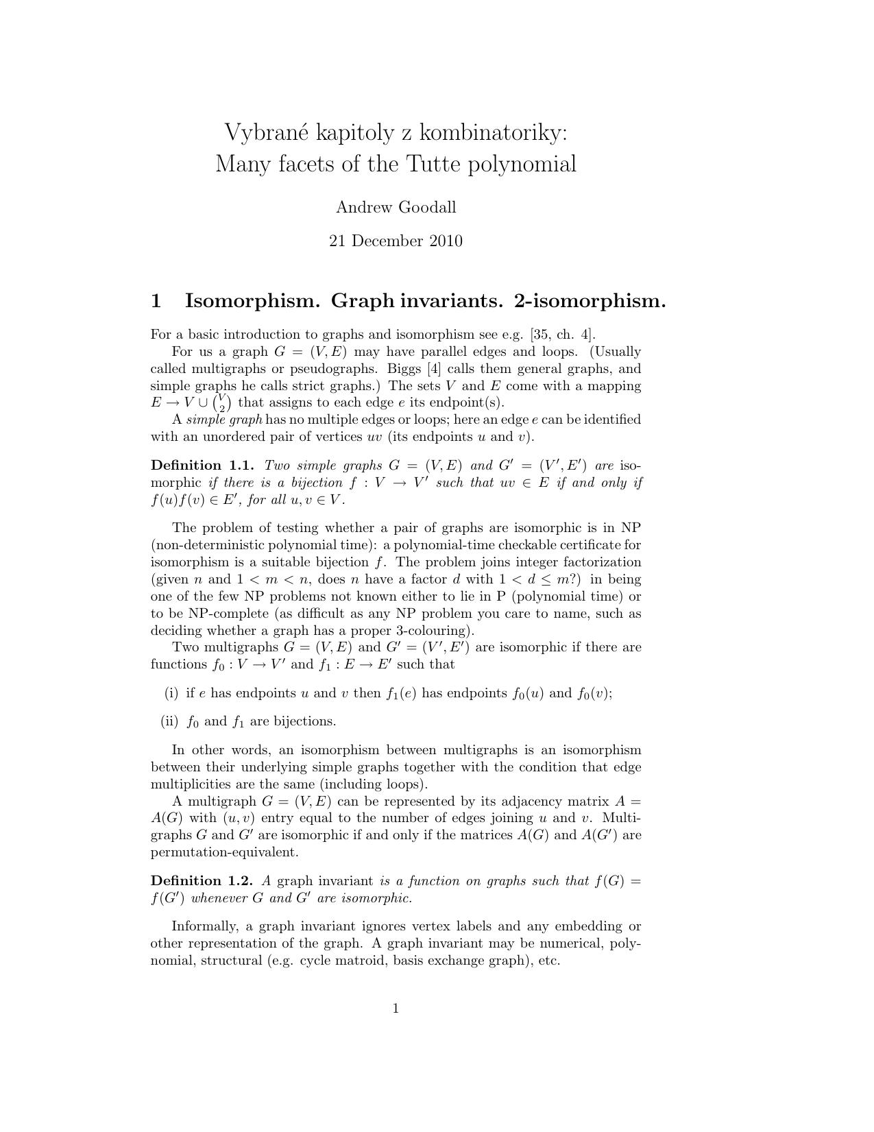 VybranÃ© kapitoly z kombinatoriky: Many facets of the Tutte polynomial [Lecture notes] by Andrew Goodall