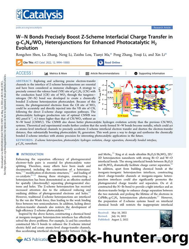 WâN Bonds Precisely Boost Z-Scheme Interfacial Charge Transfer in g-C3N4WO3 Heterojunctions for Enhanced Photocatalytic H2 Evolution by Rongchen Shen Lu Zhang Neng Li Zaizhu Lou Tianyi Ma Peng Zhang Youji Li & Xin Li