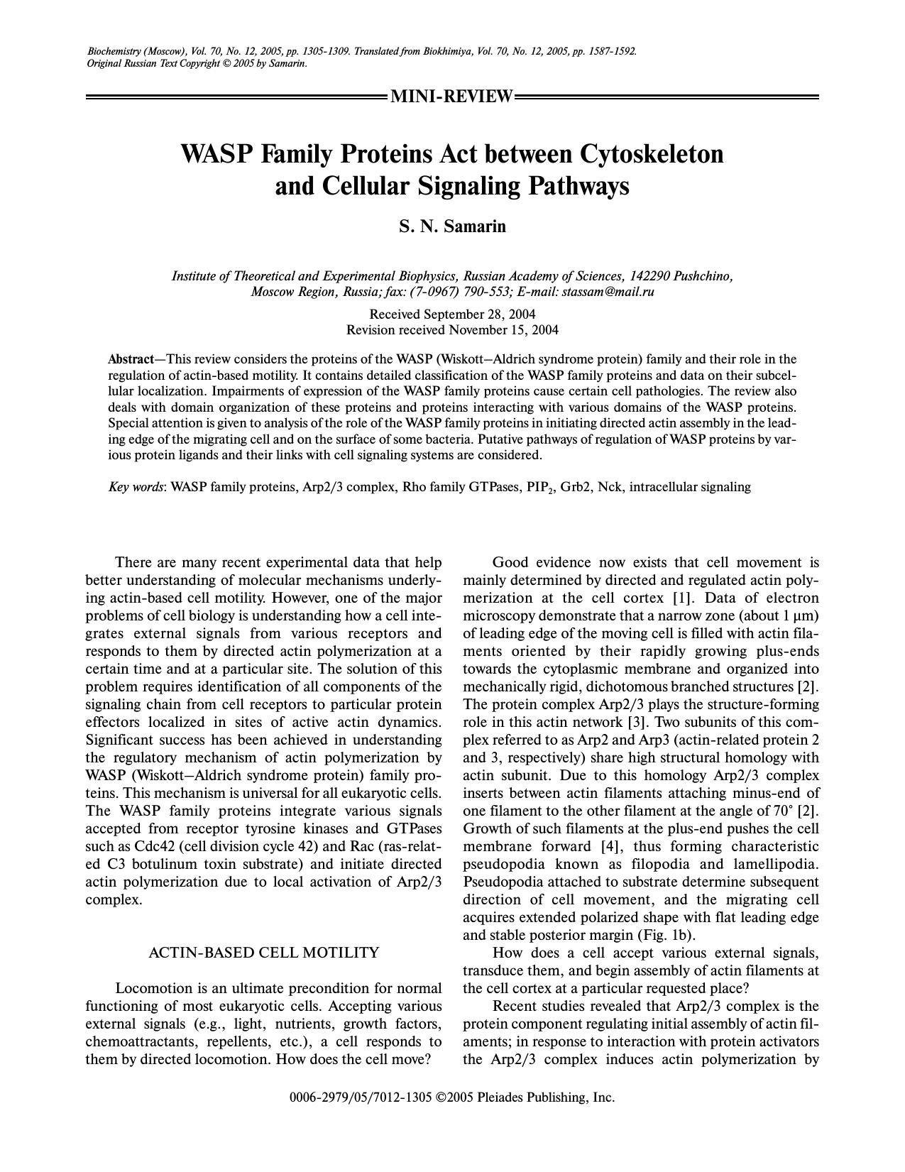 WASP Family Proteins Act between Cytoskeleton and Cellular Signaling Pathways by Unknown