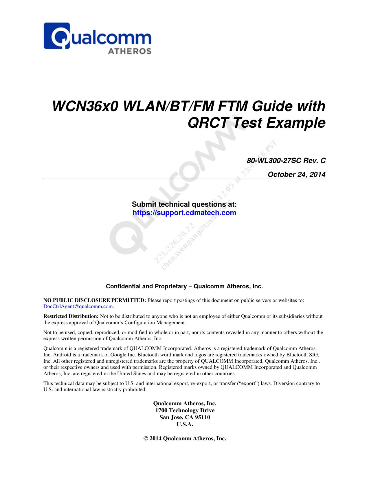 WCN36x0 WLAN/BT/FM FTM Guide with QRCT Test Example by Qualcomm Technologies Inc